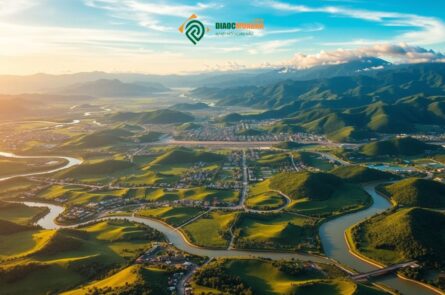 Toàn cảnh quy hoạch Gia Lai nhìn từ trên cao với hệ thống đô thị, đồi núi và sông ngòi xanh mát.