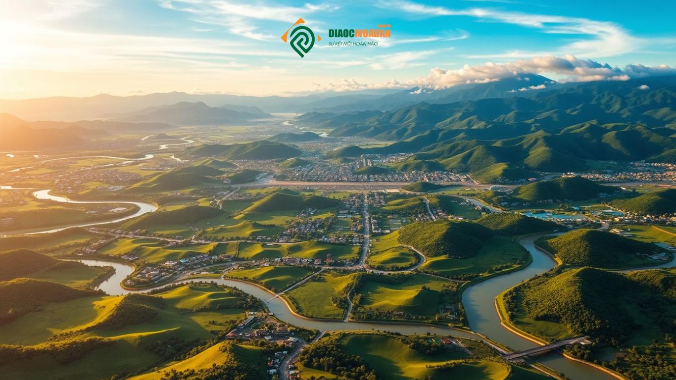 Toàn cảnh quy hoạch Gia Lai nhìn từ trên cao với hệ thống đô thị, đồi núi và sông ngòi xanh mát.