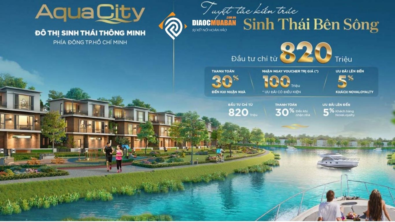 Phối cảnh dự án Aqua City của Novaland – đô thị sinh thái thông minh phía Đông TP.HCM với không gian bên sông và tiện ích hiện đại.