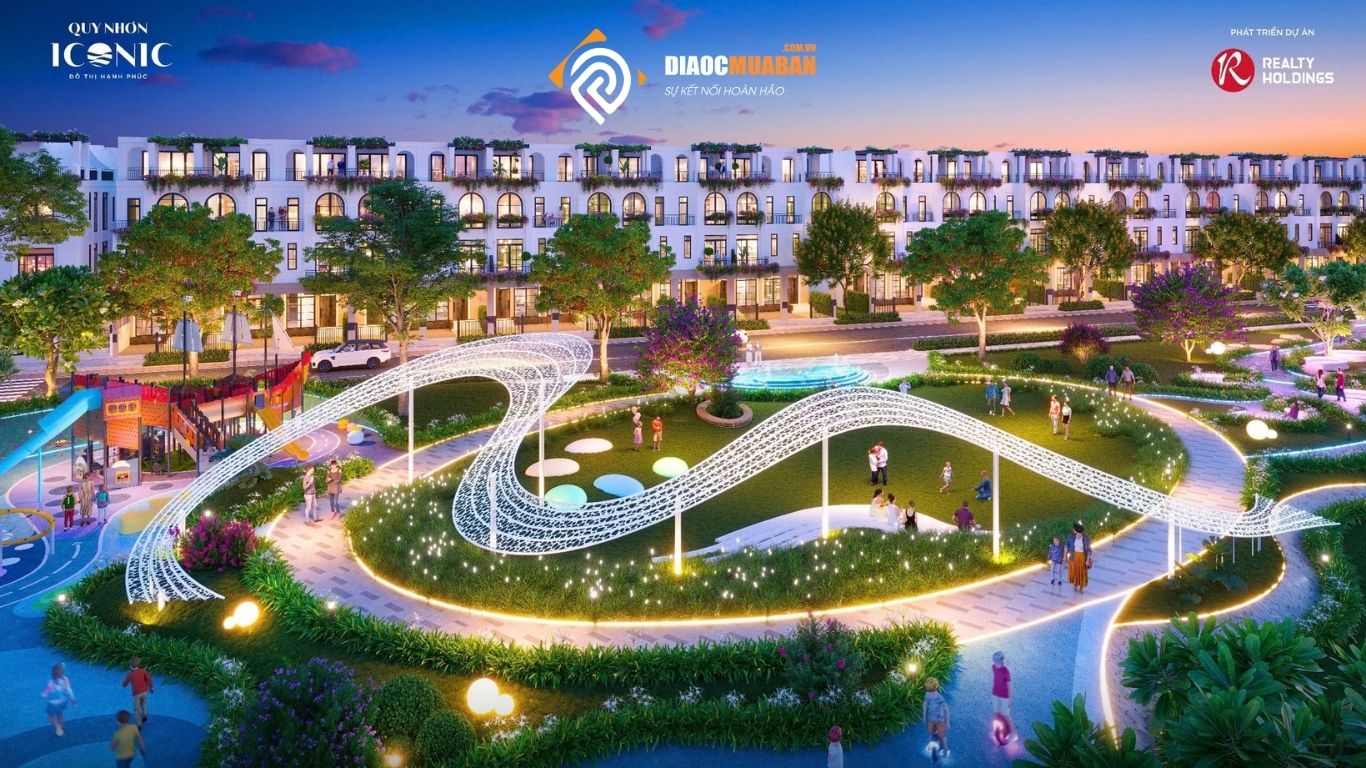 Phối cảnh công viên vui chơi hiện đại tại dự án Quy Nhơn Iconic, với khu đô thị hạnh phúc, tiện ích xanh và ánh sáng lung linh vào buổi tối